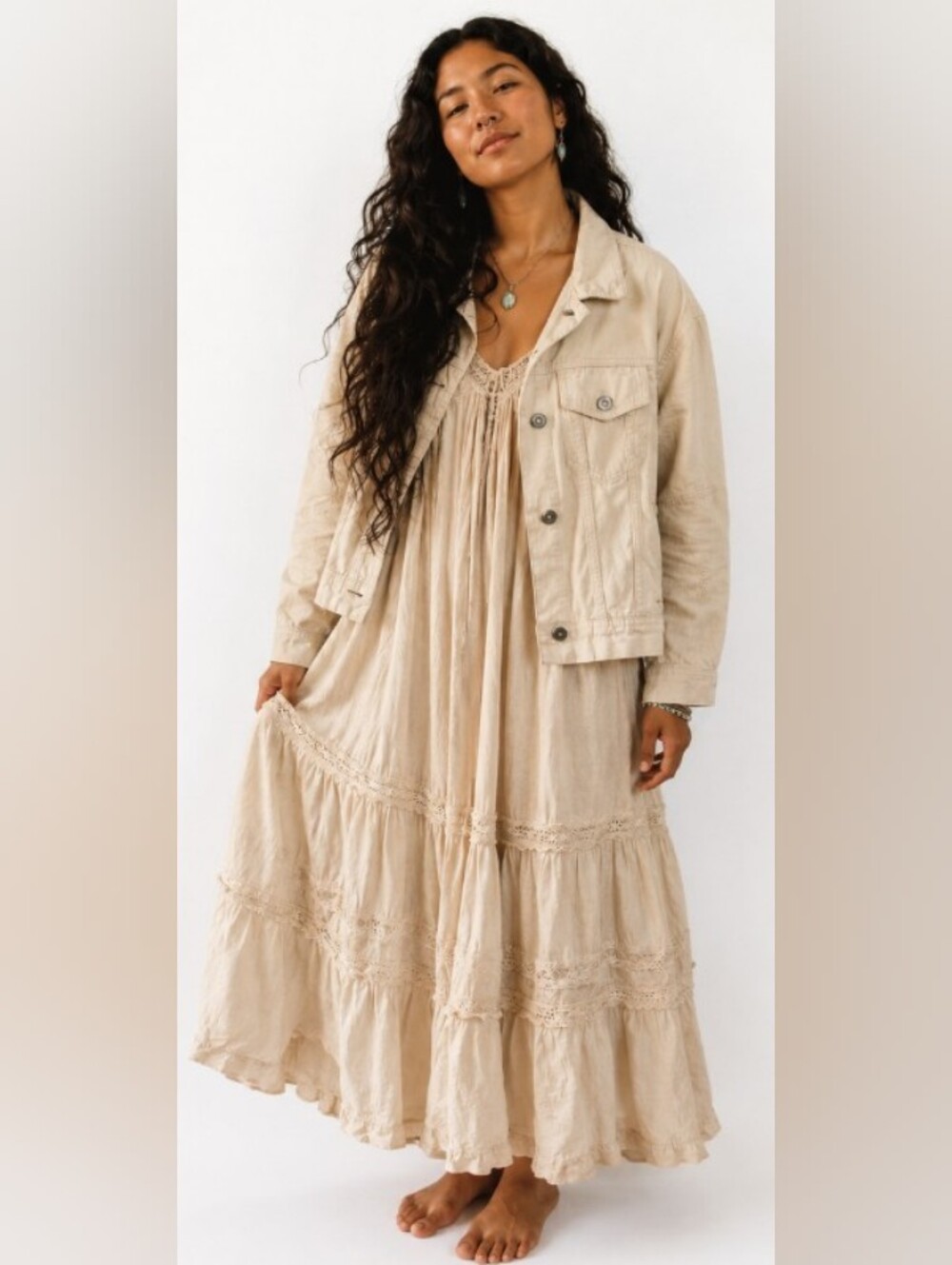 Free People Trucker Jacket Women Size Medium Natural Ivory Denim Cotton
